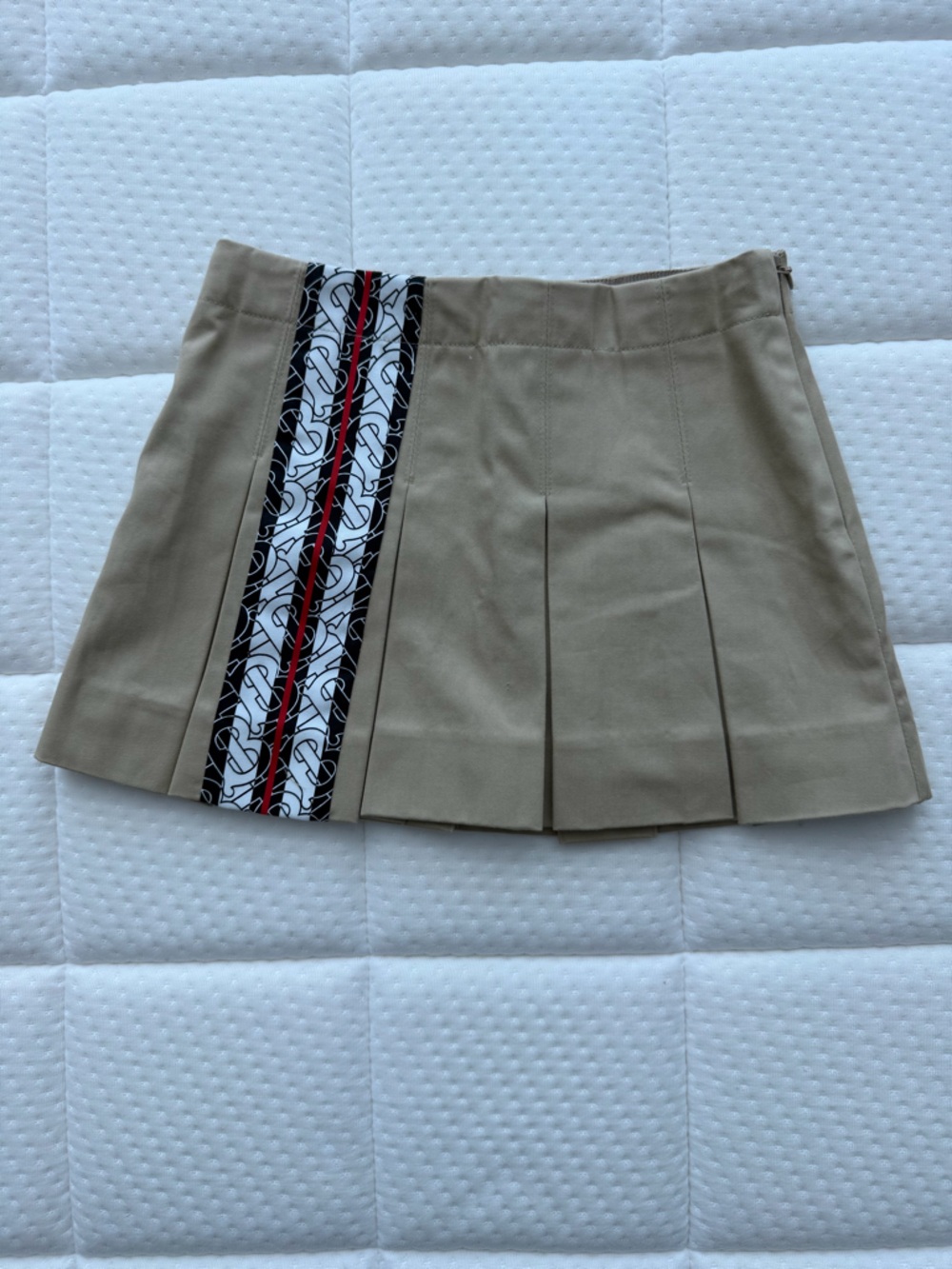 Burberry Khaki Pleated Mini Skirt with Monogram Stripe